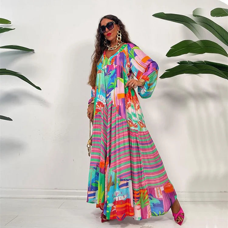 Summer African Women Long Sleeve V-neck Dress