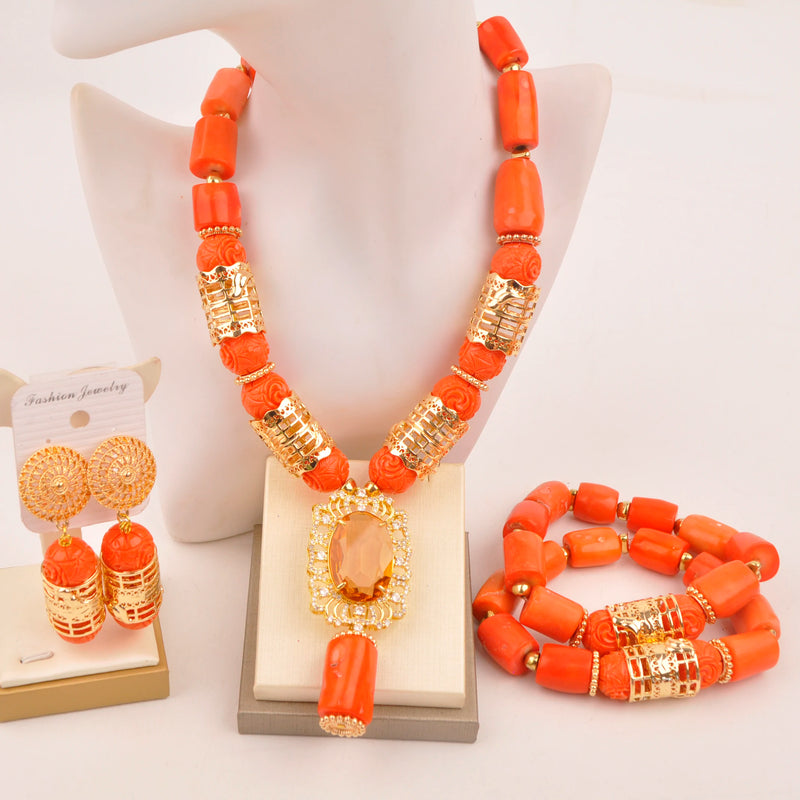 Original Orange Coral Beads Necklace Set