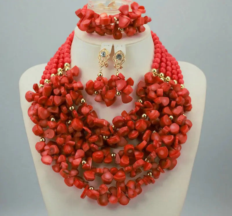 New Coral Beads Statement Necklace Set