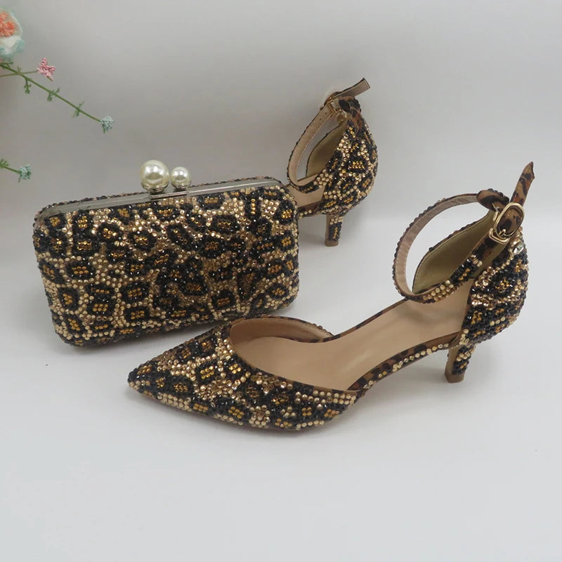 New Luxury  Leopard Thick Heel Bridal Wedding shoe and purse