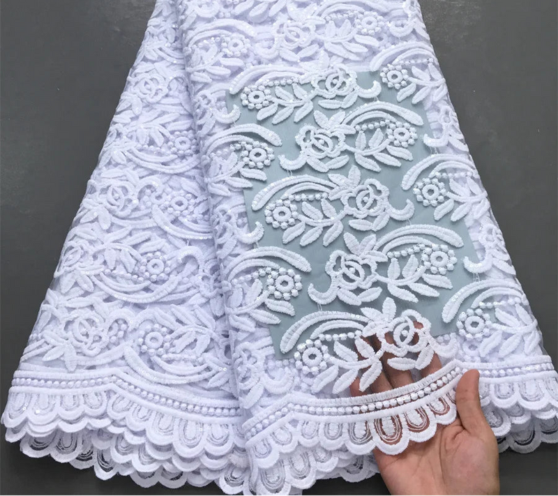 High Quality Nigerian White Mesh Embroidery Lace Fabric