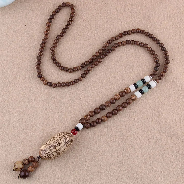 New Nepal Buddhist Mala Wood Beads Pendant & Necklace