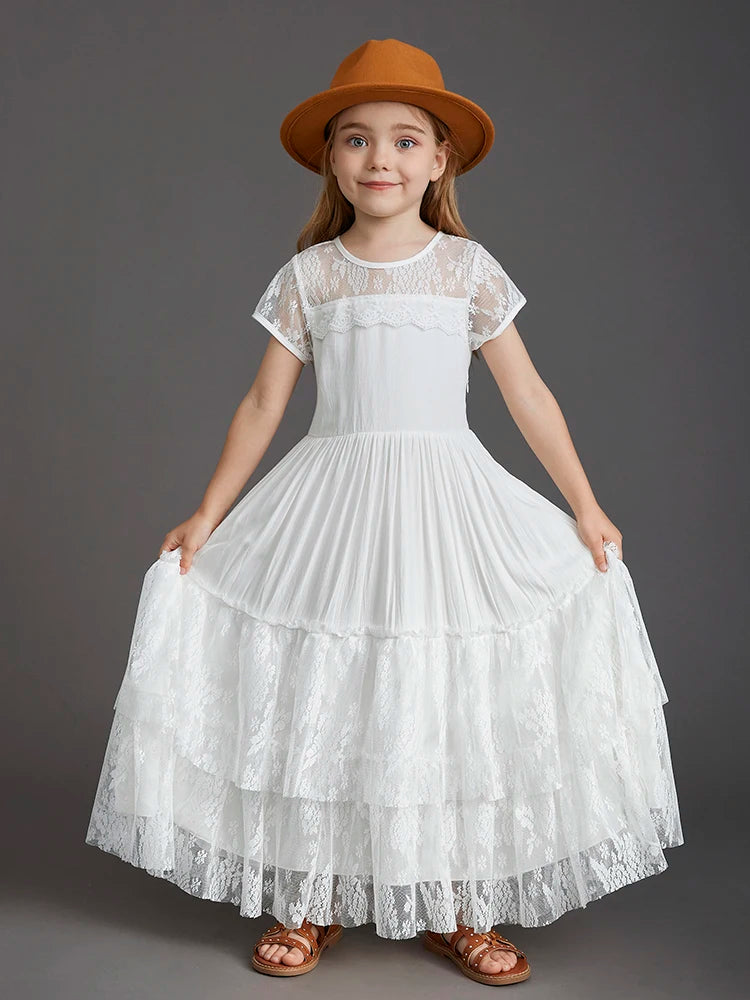 New Princess Girls Short Sleeve Lace Long Floor Dresses