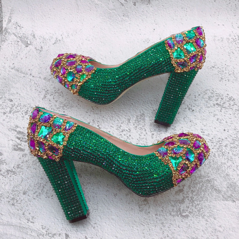 New Wedding Green Crystal Shinning Rhinestone Shoes And Bag Set