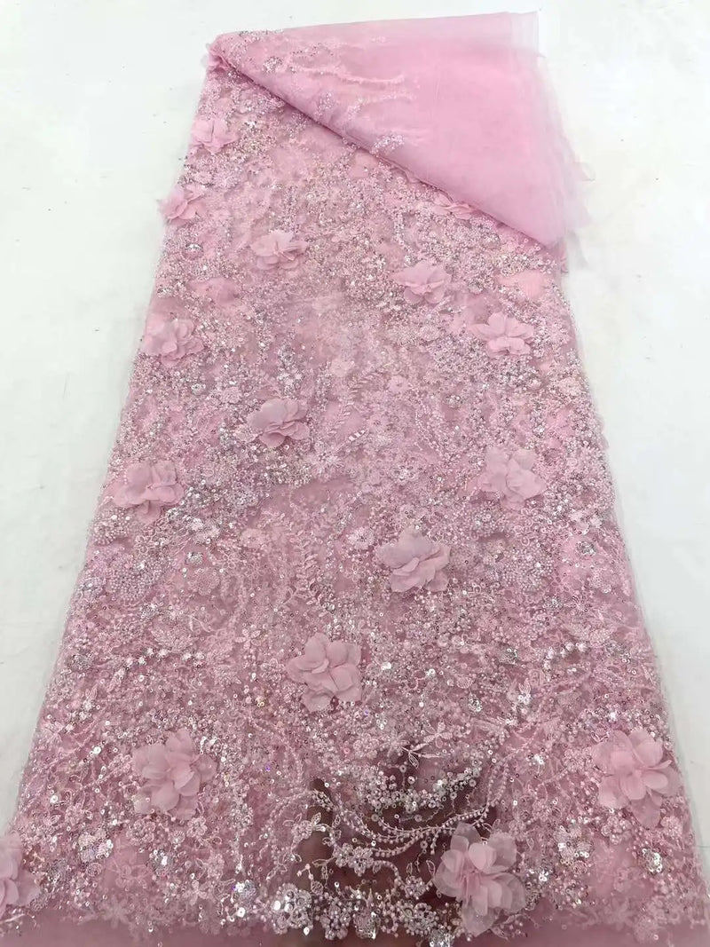 New Madison Pink 3D Beaded Tulle Lace Fabrics