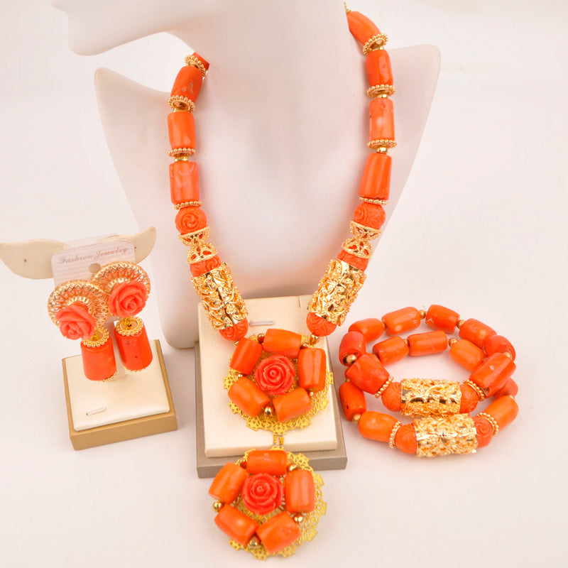 Original Orange Coral Beads Necklace Set