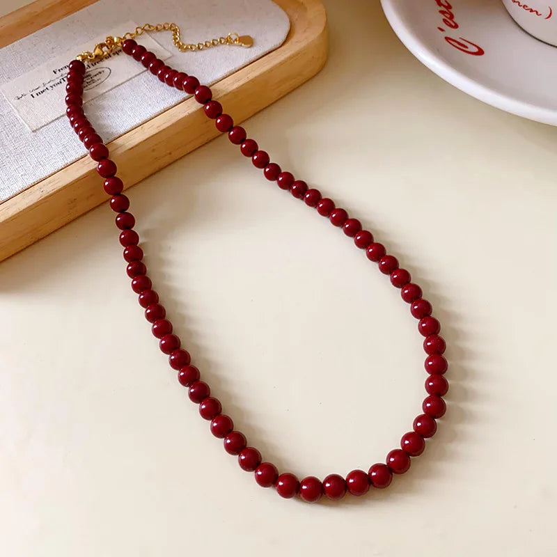 New Red Round Glass Bead Necklace