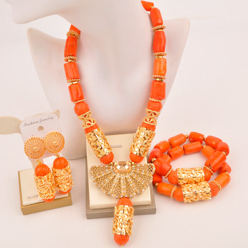 Original Orange Coral Beads Necklace Set