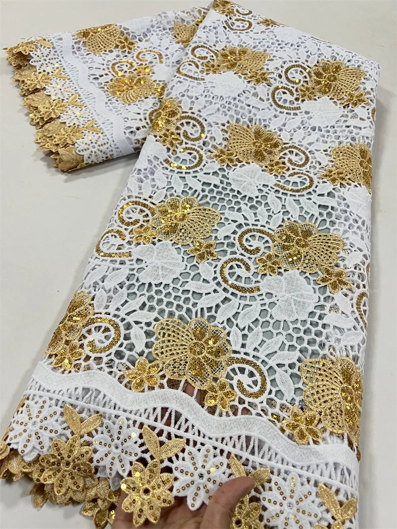 High Quality Nigerian Soluble Lace Golden Sequins Fabric