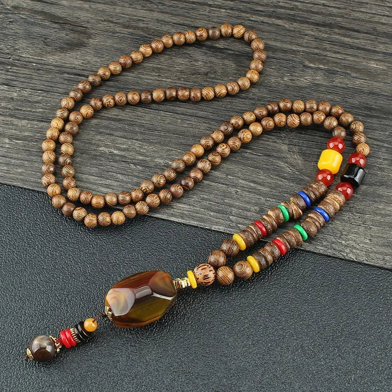 New Nepal Buddhist Mala Wood Beads Pendant & Necklace