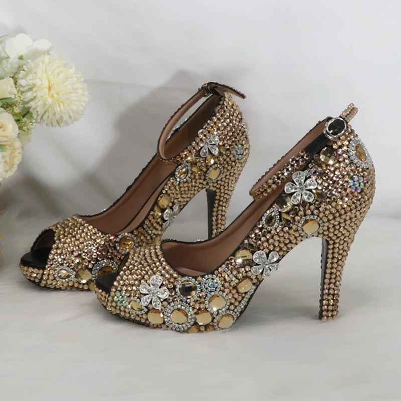 Peep Toe crystal Woman wedding shoes with matching bags