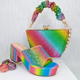 Italian Design Rainbow Colored Rhinestone Striped Shoes Bag Set