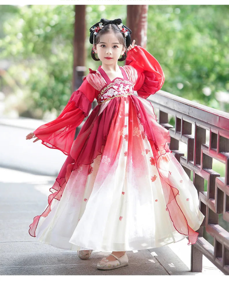 Chinese Vintage Style Girls Long Sleeve Red Hanfu Dress