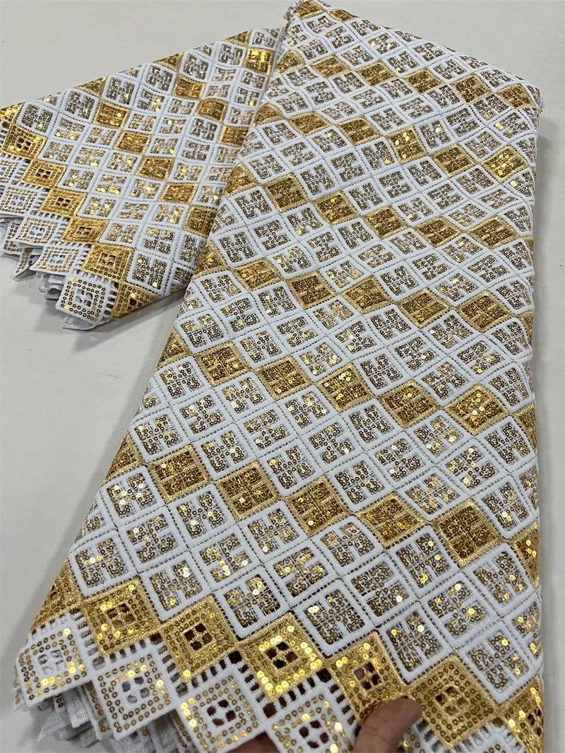 High Quality Nigerian Soluble Lace Golden Sequins Fabric