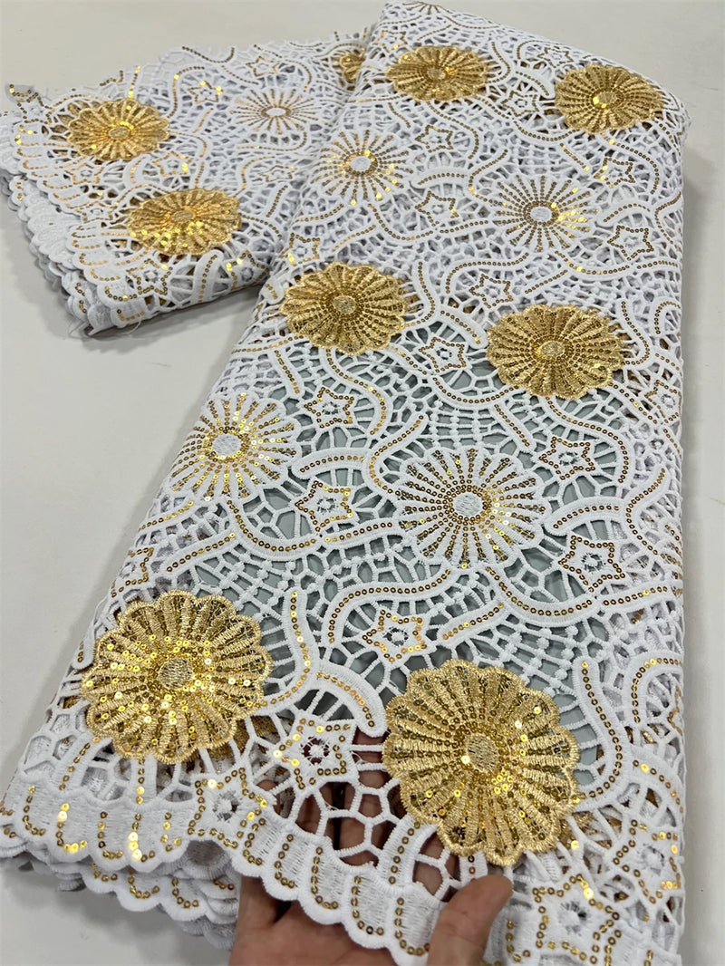 High Quality Nigerian Soluble Lace Golden Sequins Fabric