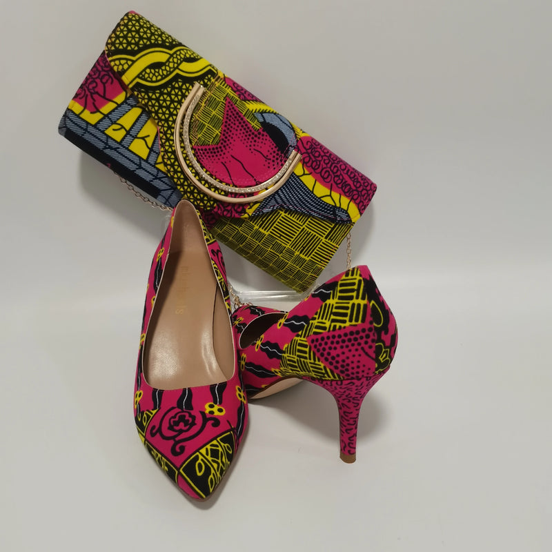 African Women Block Shoes With Match Bag