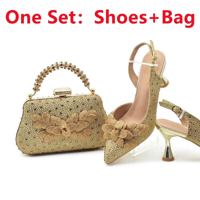 Women's Pumps Rhinestones Party Shoe and Bag Set