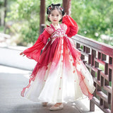 Chinese Vintage Style Girls Long Sleeve Red Hanfu Dress