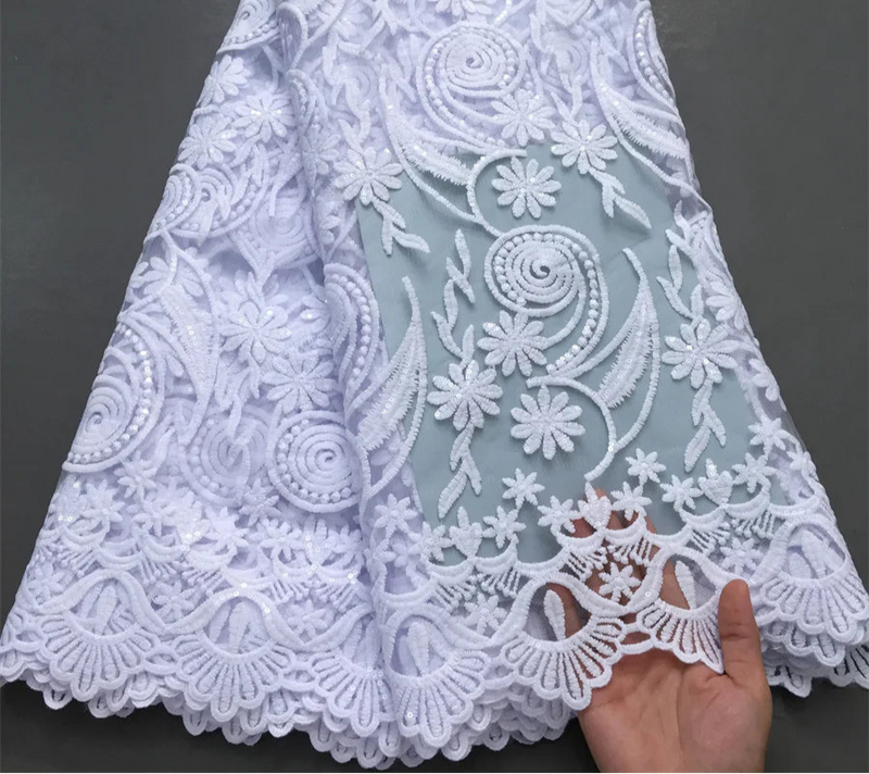 High Quality Nigerian White Mesh Embroidery Lace Fabric