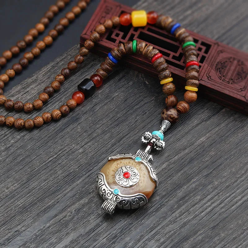 New Nepal Buddhist Mala Wood Beads Pendant & Necklace