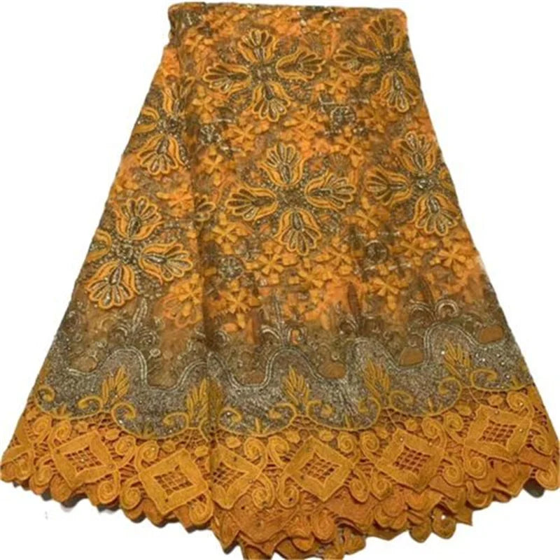 Yellow  Latest White African Sequin Lace Fabric