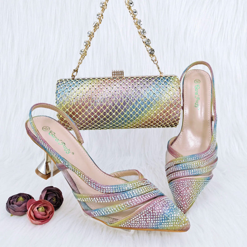 Women's Matching Big Crystal Party Shoes And Bag Set