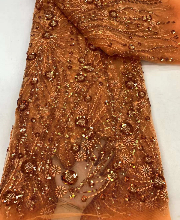 Latest French Orange 3D Beaded Tulle Lace Fabric