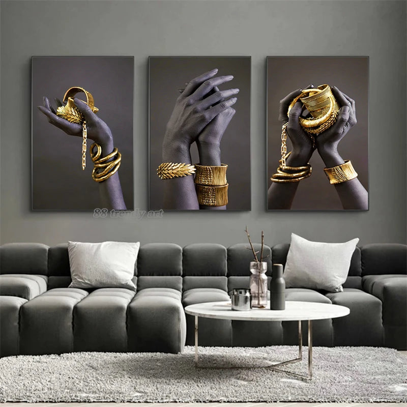 African Woman Gold Jewelry Canvas Painting Posters