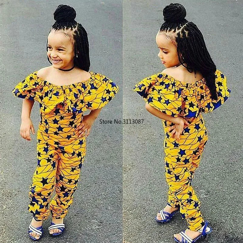 Summer African Children Printing Short Sleeveless Long Jumpsuit