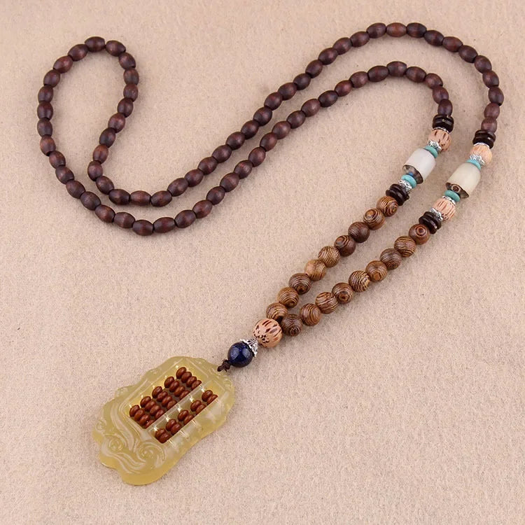 New Nepal Buddhist Mala Wood Beads Pendant & Necklace