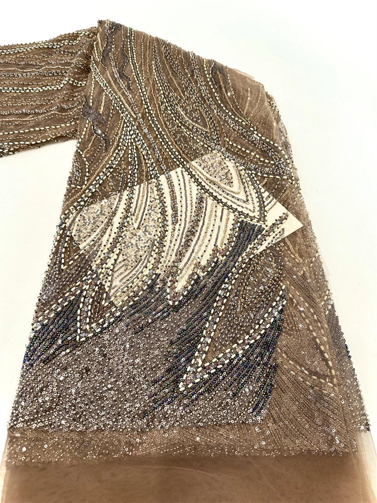 Heavy Pearls Sequins Gold African Luxury Beaded Lace Fabric