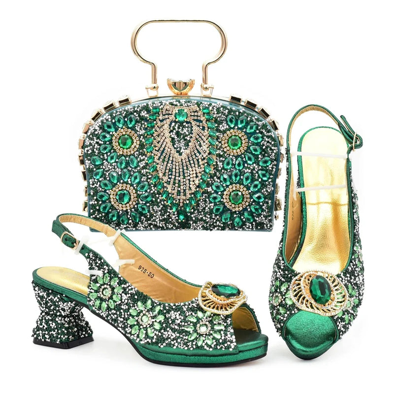 New Rhinestone Nigerian Women Shoes and Bag Set