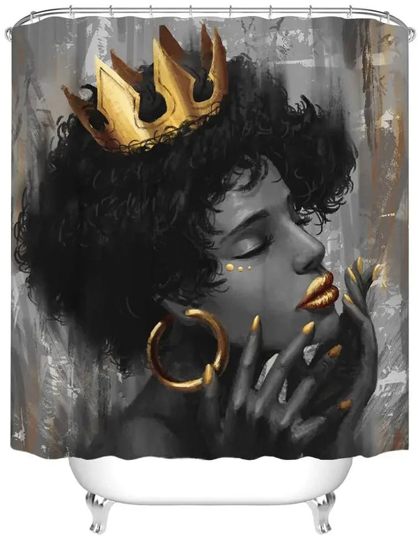 African Women Shower Curtain Black Girl with Gold Crown Art