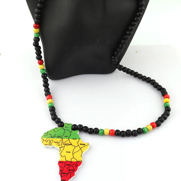 African Map Beaded Wooden Necklace