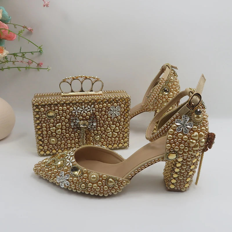 New Fashionable White Bride Party Shoes and Bag Set