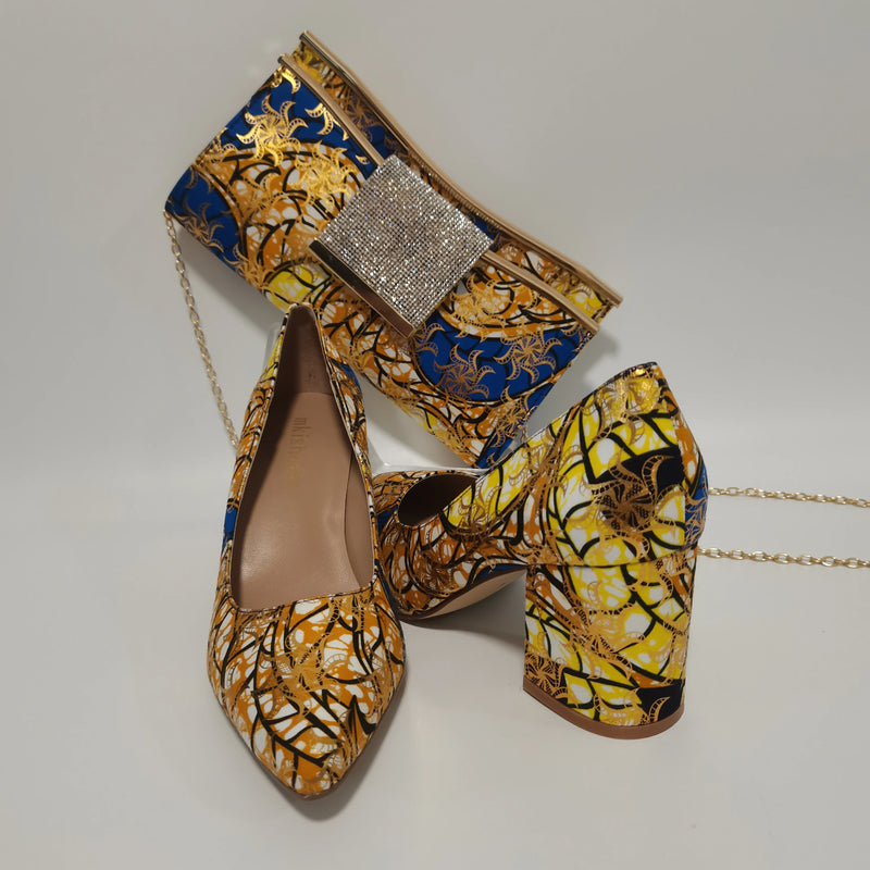 African Women Block Shoes With Match Bag