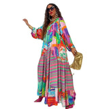 Summer African Women Long Sleeve V-neck Dress