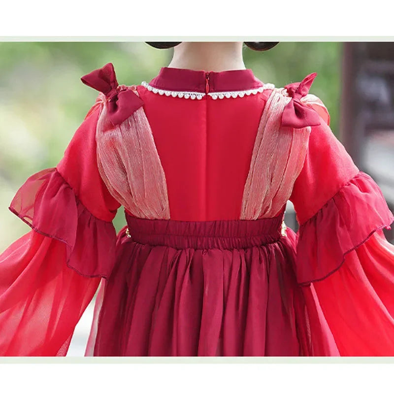 Chinese Vintage Style Girls Long Sleeve Red Hanfu Dress