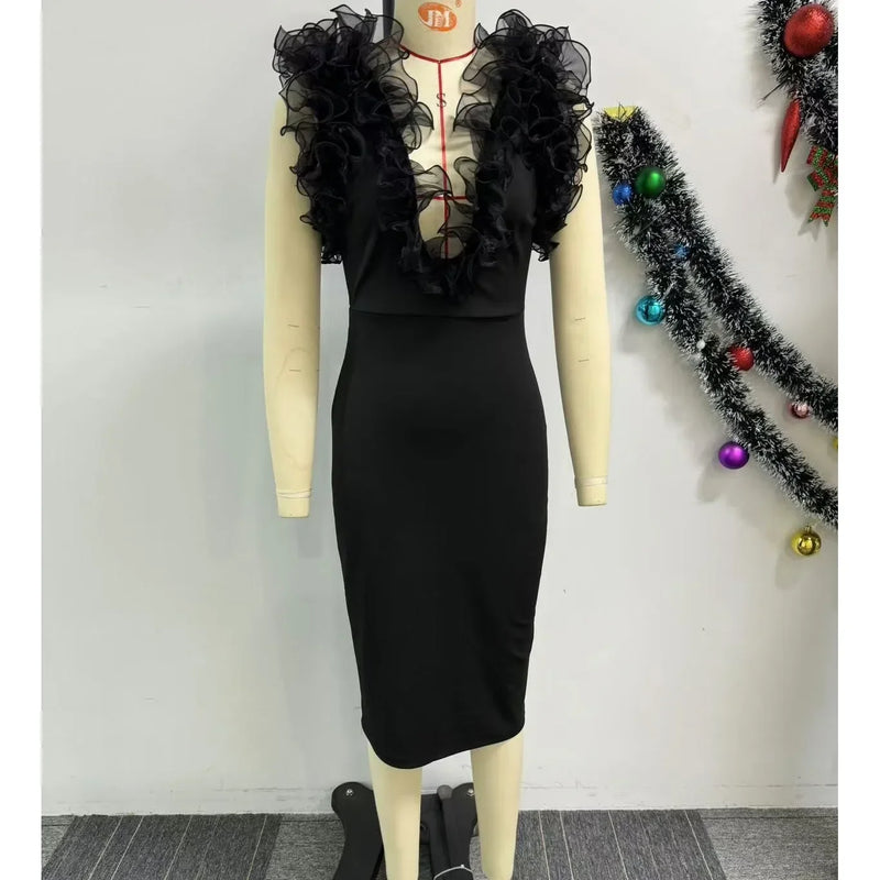 New Vintage Chic Black Women Midi Dress