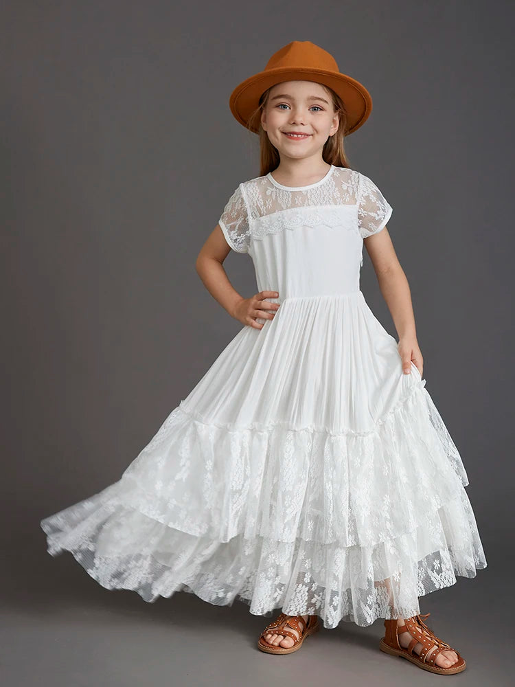 New Princess Girls Short Sleeve Lace Long Floor Dresses