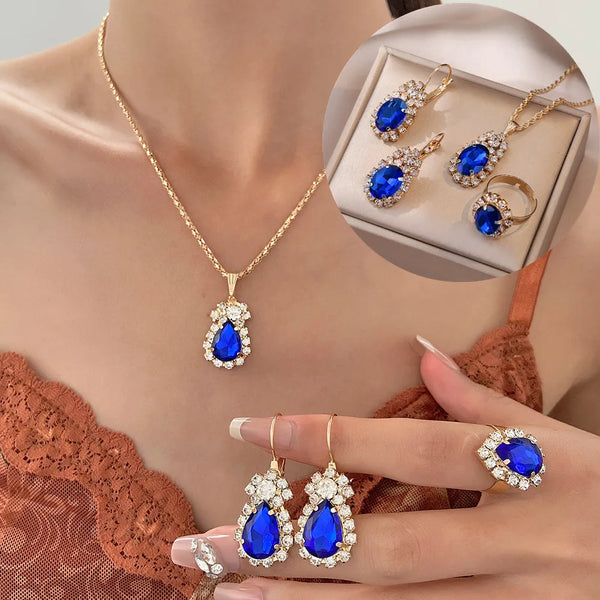 New Blue Cyrstal Ring Necklace Earrings Set