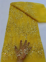 New Luxury Yellow Sequins Tube Beads Lace Fabric