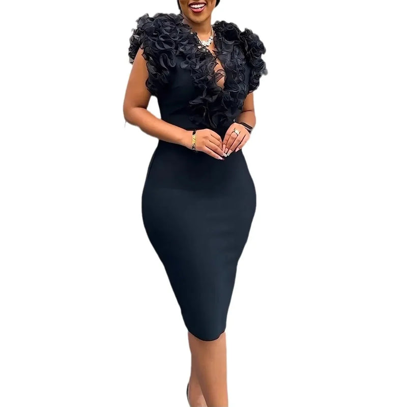 New Vintage Chic Black Women Midi Dress