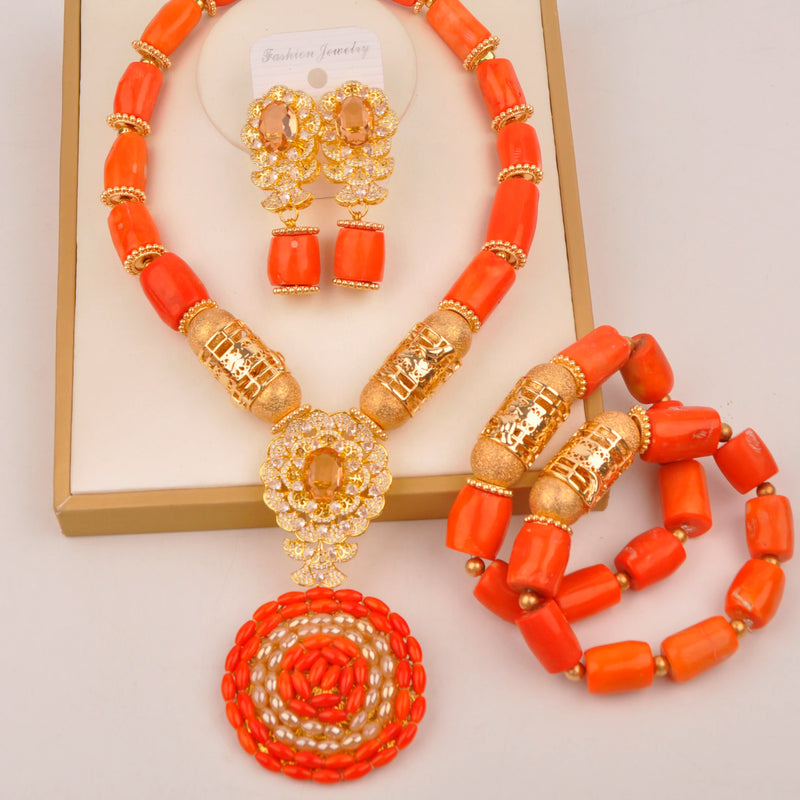 Original Orange Coral Beads Necklace Set