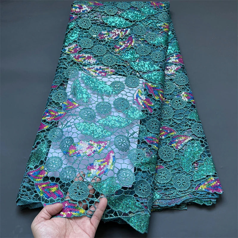 African Nigerian Sequins Cotton Embroidery organza Lace Fabric