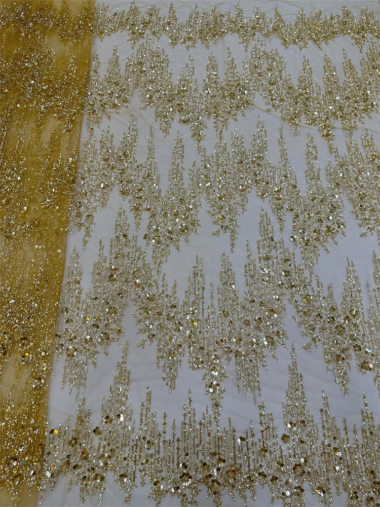 New Luxury Yellow Sequins Tube Beads Lace Fabric