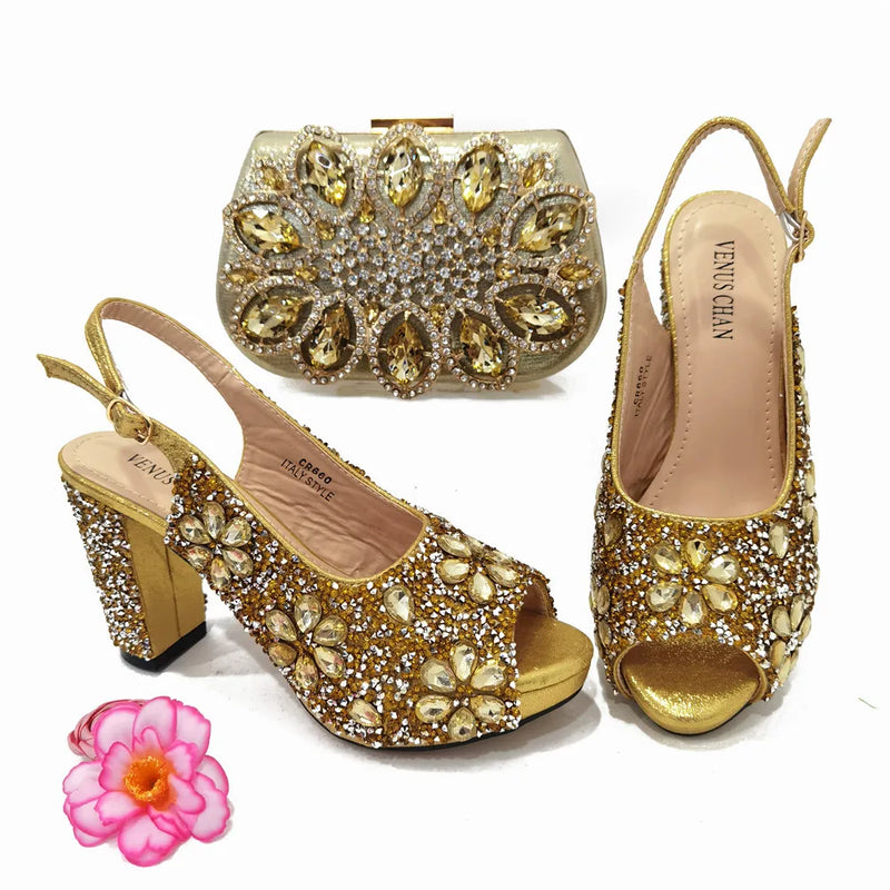 New Arrival Gold Color African Shoe and Bag Set