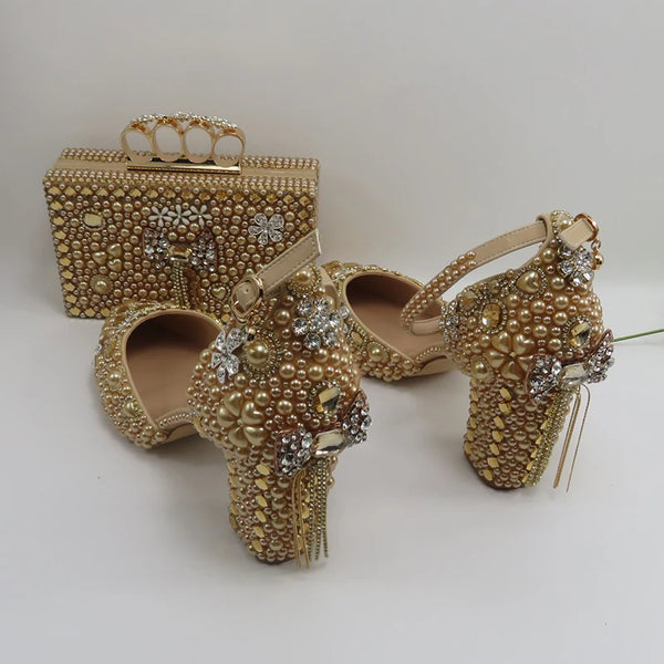 New Fashionable White Bride Party Shoes and Bag Set