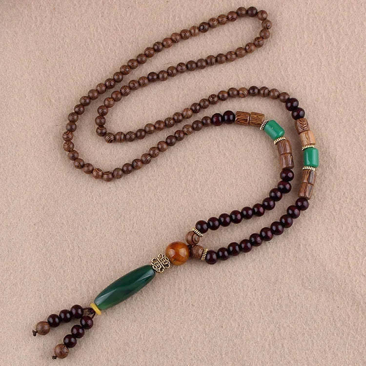 New Nepal Buddhist Mala Wood Beads Pendant & Necklace