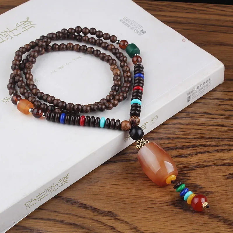 New Nepal Buddhist Mala Wood Beads Pendant & Necklace